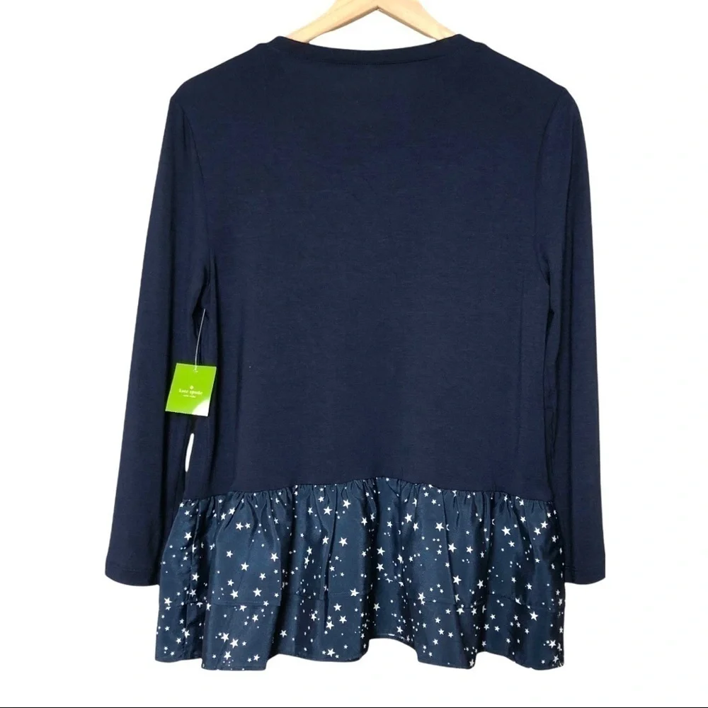 NWT KATE‎ SPADE Top Star Print Tiered Ruffle Peplum 3/4 Sleeve in Navy Size M